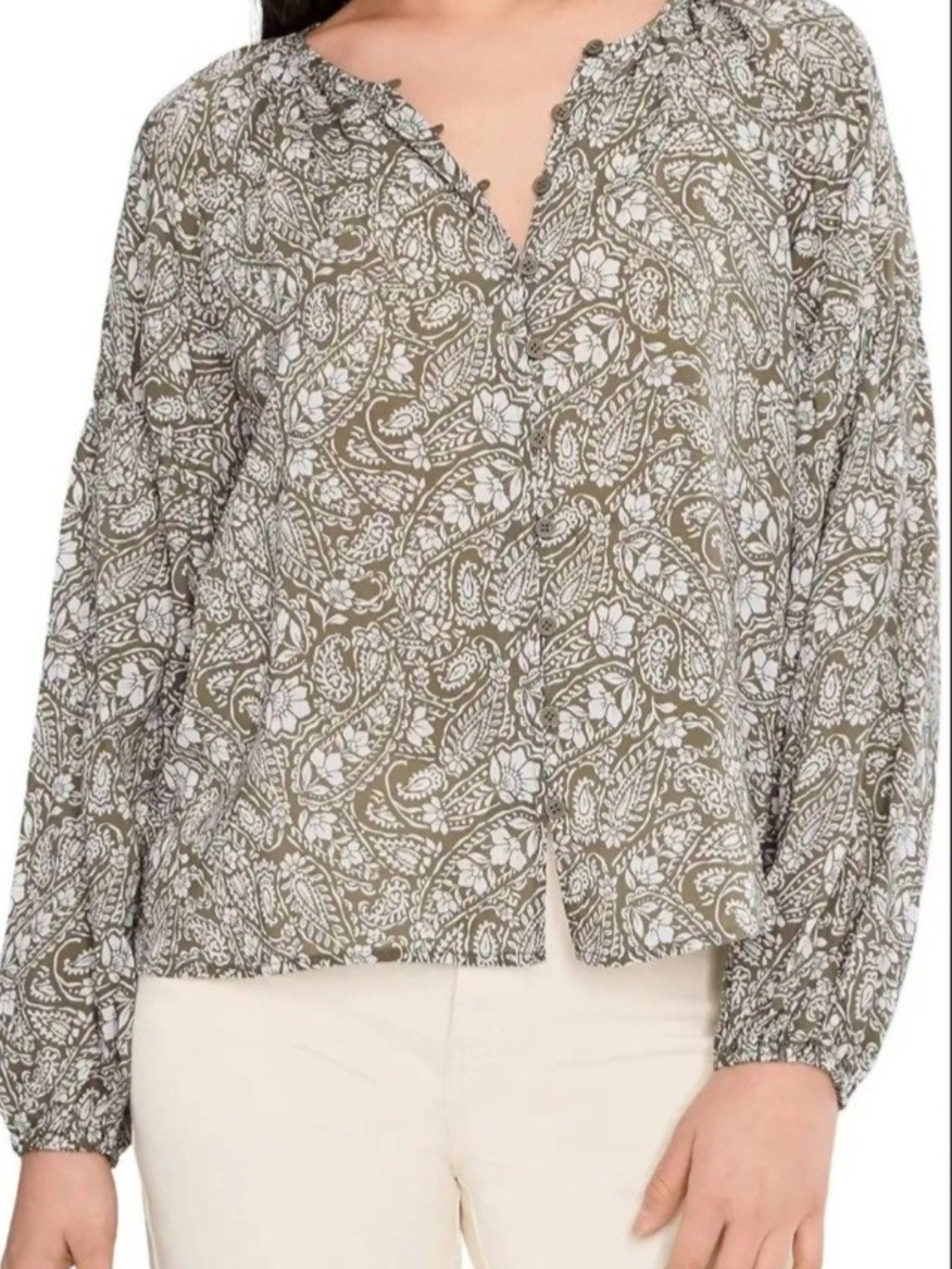 Sanctuary 🛍Olive 🛍Paisley V-Neck Peasant Blouse